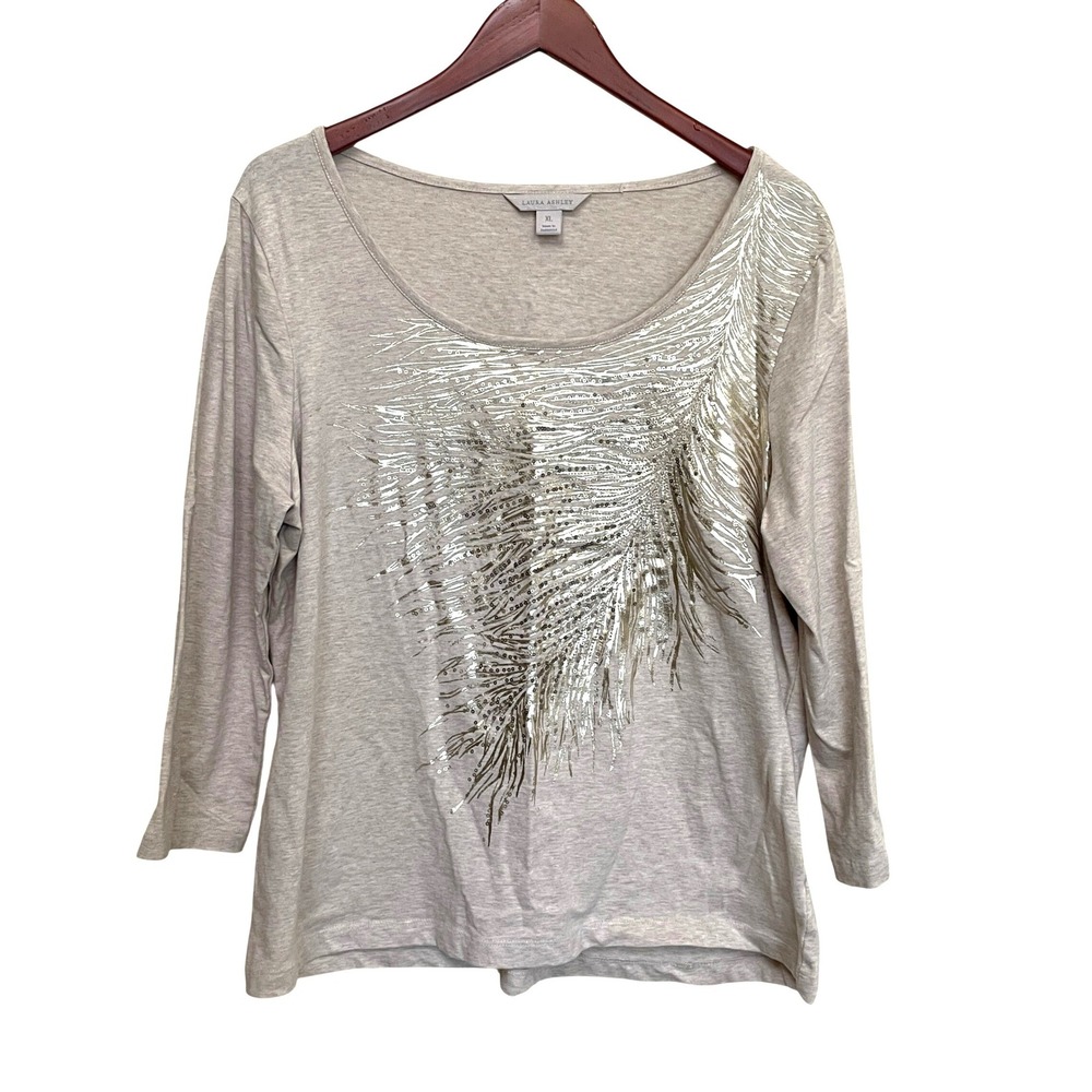 Laura Ashley Womens XL Tan Heather Gold Sequin Feather Graphic Top 3/4 Sleeve